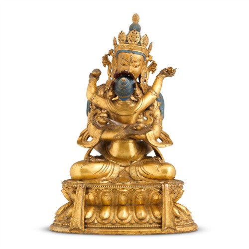60 · A LARGE AND FINE SINO-TIBETAN GILT-BRONZE SEATED FIGURE OF MAHAPRATISARA AND CONSORT, 18TH CENTURY
