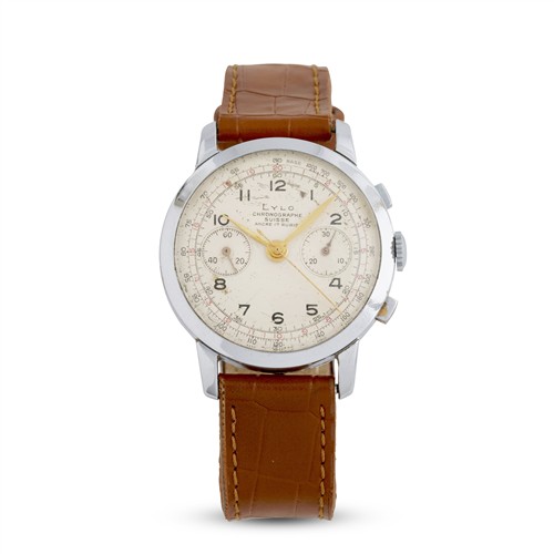 40 · LYLO CHRONOGRAPHE SUISSE A STAINLESS STEEL CHRONOGRAPH WRIST WATCH CIRCA 1950