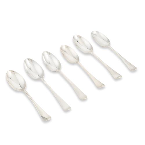 63 · A GROUP OF SIX GEORGE II AND LATER STERLING SILVER 'HANOVERIAN' PATTERN TABLE SPOONS Various London makers and 1730s–1770s dates