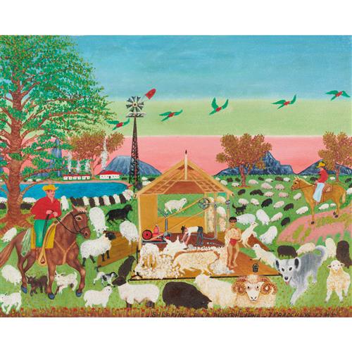 97 · JAMES NICHOLAS FARDOULYS (1900-1975) Shearing A La Australiana 1972 oil on board 39.5 x 49.5cm