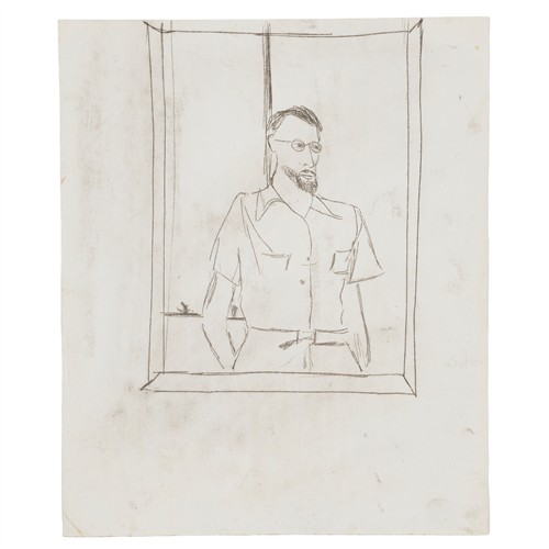 26 · SIDNEY NOLAN (1917-1992) (Man at a Window, Northern Australia) c.1948 transfer drawing on paper 30.5 x 25.5cm