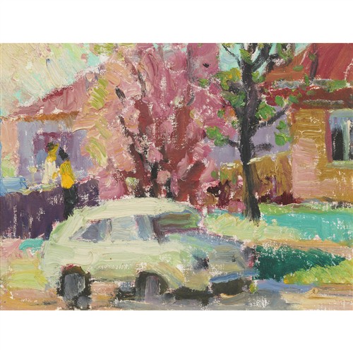 72 · LUDMILLA MEILERTS (1908-1998) (White Car in the Street) oil on canvas laid on card 20 x 26.5cm