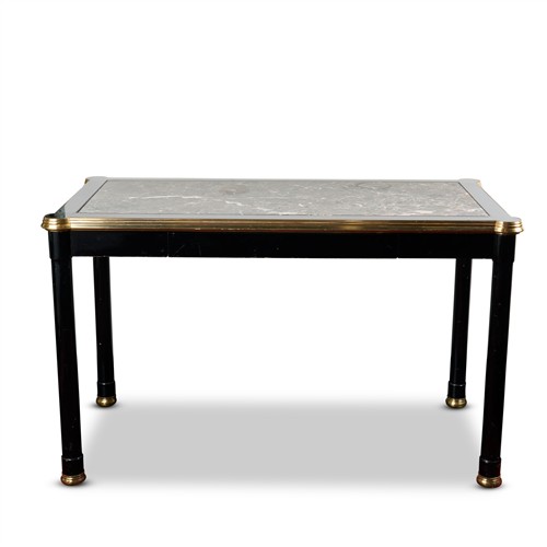 49 · A MODERN BRASS-MOUNTED BLACK-PAINTED WOOD SIDE TABLE, THE TOP WITH AN INSERTED VEINED GREY MARBLE SLAB 1980s Please see important in...