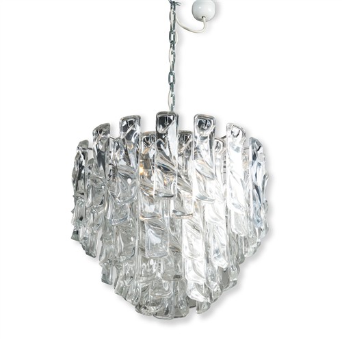 A MODERN ENGLISH CHROMED METAL AND MOULDED GLASS CHANDELIER Please see important information below regarding collection of lots in t...