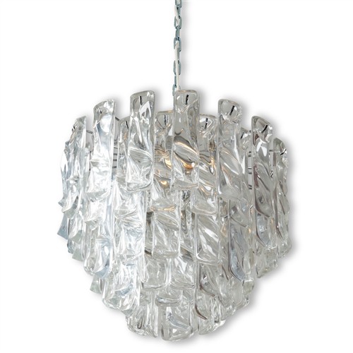 A MODERN ENGLISH CHROMED METAL AND MOULDED GLASS CHANDELIER Please see important information below regarding collection of lots in t...