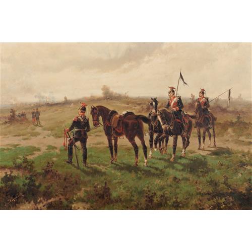 HERMANUS WILLEM KOEKKOEK (Dutch, 1867-1929) A Scene from the Franco-Prussian War oil on canvas 49.5 x 74.5cm