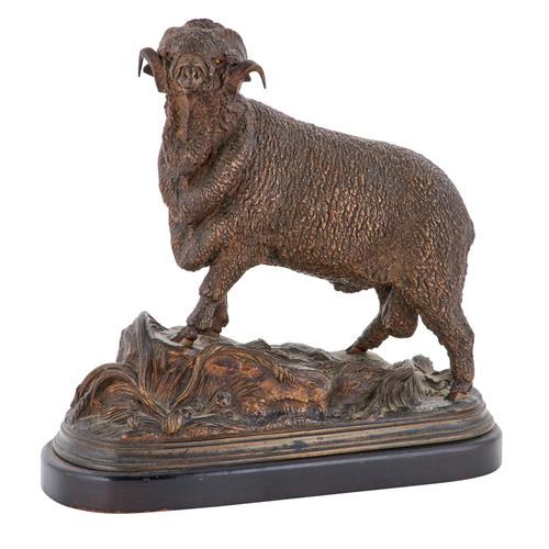 60 · AFTER JULES MOIGNIEZ (FRENCH, 1835-1894), A BRONZE SCULPTURE OF A WOOLLY RAM