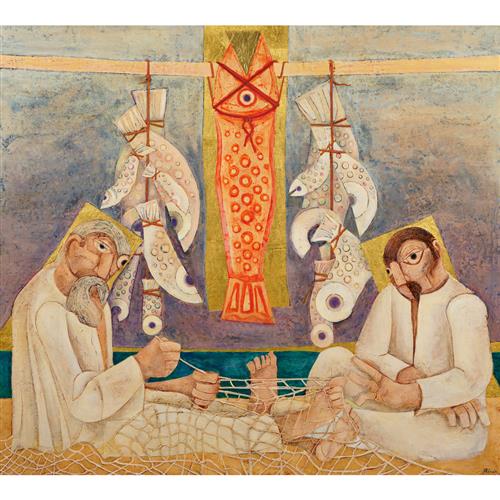LEONARD FRENCH (1928-2017) The Netmenders 1987-89 enamel and gold leaf on hessian covered hardboard 121 x 136cm