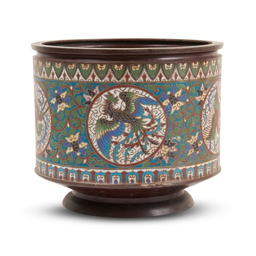 38 · AN ANTIQUE CHINESE BRONZE AND CHAMPLEVE ENAMELLED JARDINIERE Circa 1900 Please see important information below regarding collection...