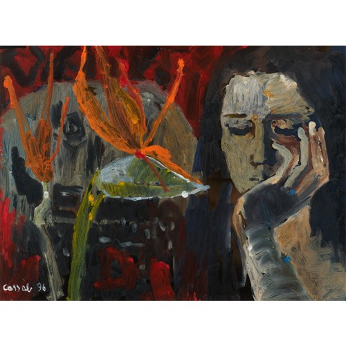 85 · JUDY CASSAB (1920-2015) Head with Strelitzia 1996 oil on board 28.5 x 38.5cm