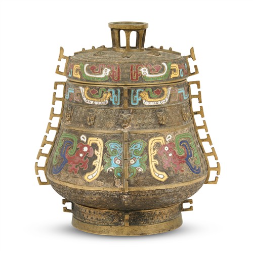 39 · AN ANTIQUE CHINESE BRONZE AND CHAMPLEVE ENAMELLED CENSER Circa 1900 Please see important information below regarding collection of l...