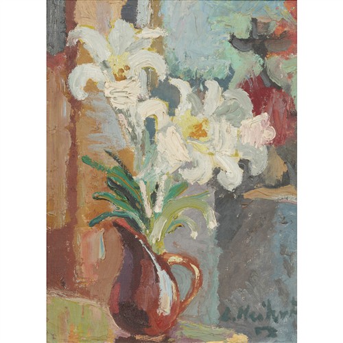 24 · LUDMILLA MEILERTS (1908-1998) White Lillies 1958 oil on canvas laid on card 32.5 x 24.5cm