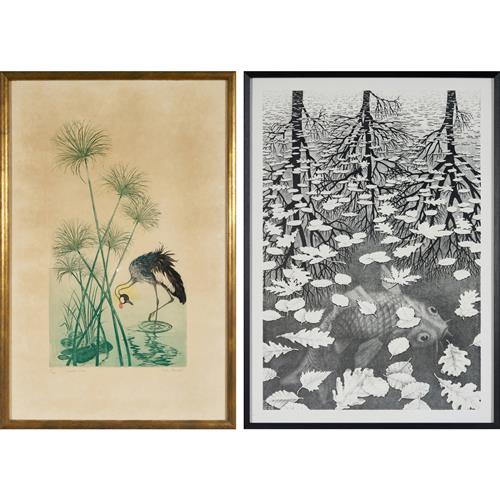 36 · AN ETCHING TITLED 'CRESTED CRANE' BY HILDA BERNSTEIN AND A PRINT OF 'THREE WORLDS' AFTER M. C. ESCHER