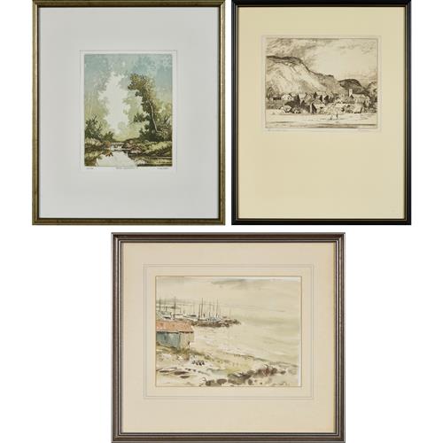 43 · TWO ETCHINGS AND A WATERCOLOUR OF VARIOUS LANDSCAPES
