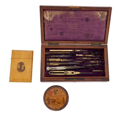 64 · AN ANTIQUE ROSEWOOD CASED DRAFTING SET AND TWO TREEN ITEMS *CITES permit may be required for export