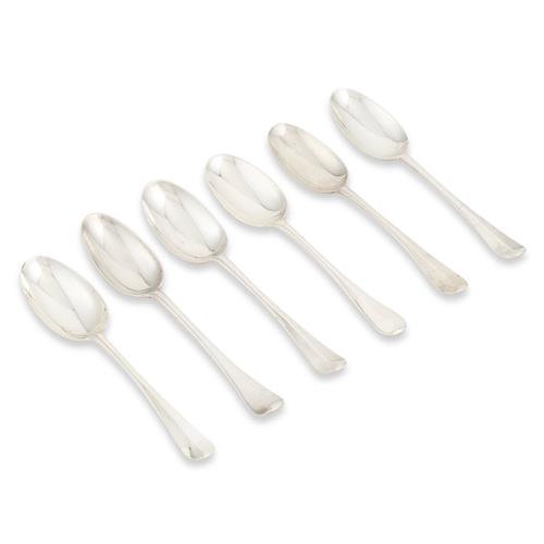 68 · A GROUP OF SIX GEORGE II STERLING SILVER 'HANOVERIAN' PATTERN TABLE SPOONS Various makers and 1720s–1740s dates