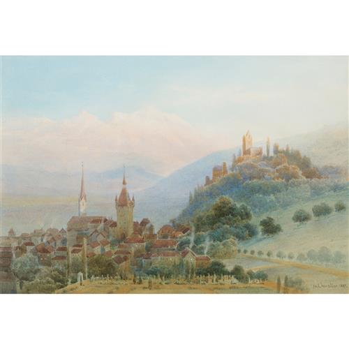 NICHOLAS CHEVALIER (1828-1902) Dusk, Baden in Aargau, Switzerland 1889 watercolour on paper 28 x 40.5cm