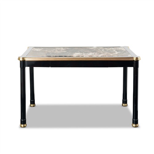 61 · A MODERN BRASS-MOUNTED BLACK-PAINTED WOOD SIDE TABLE, THE TOP WITH AN INSERTED VAREGIATED MARBLE SLAB 1980s Please see important inf...