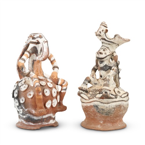 64 · TWO SIMILAR SEPIK RIVER DECORATED EARTHENWARE ROOF FINAILS Please see important information below regarding collection of lots in th...