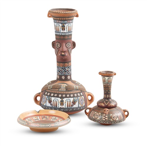 65 · A GROUP OF THREE RECENT CUSCO DECORATED EARTHENWARE OBJECTS Please see important information below regarding collection of lots in t...